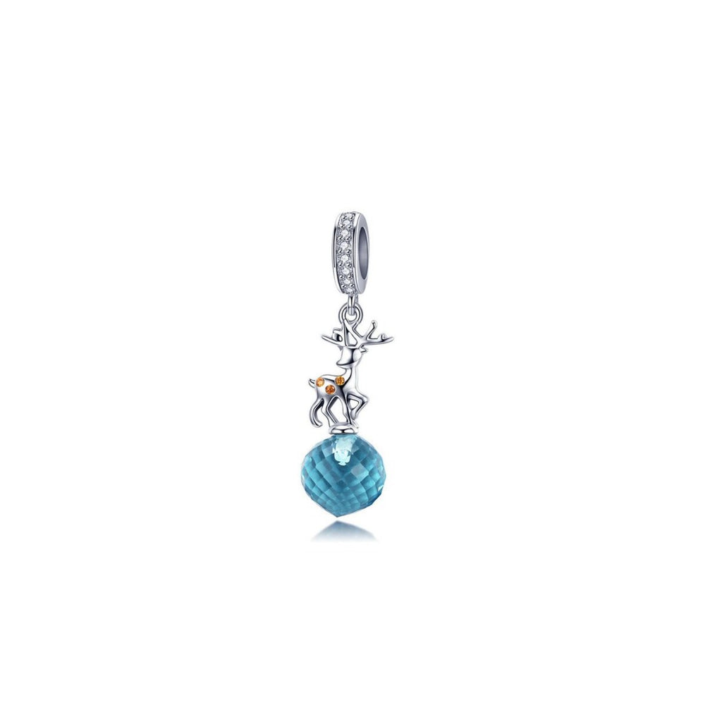 Sterling Silver & Cubic Zirconia & Blue Globe & Reindeer Charm