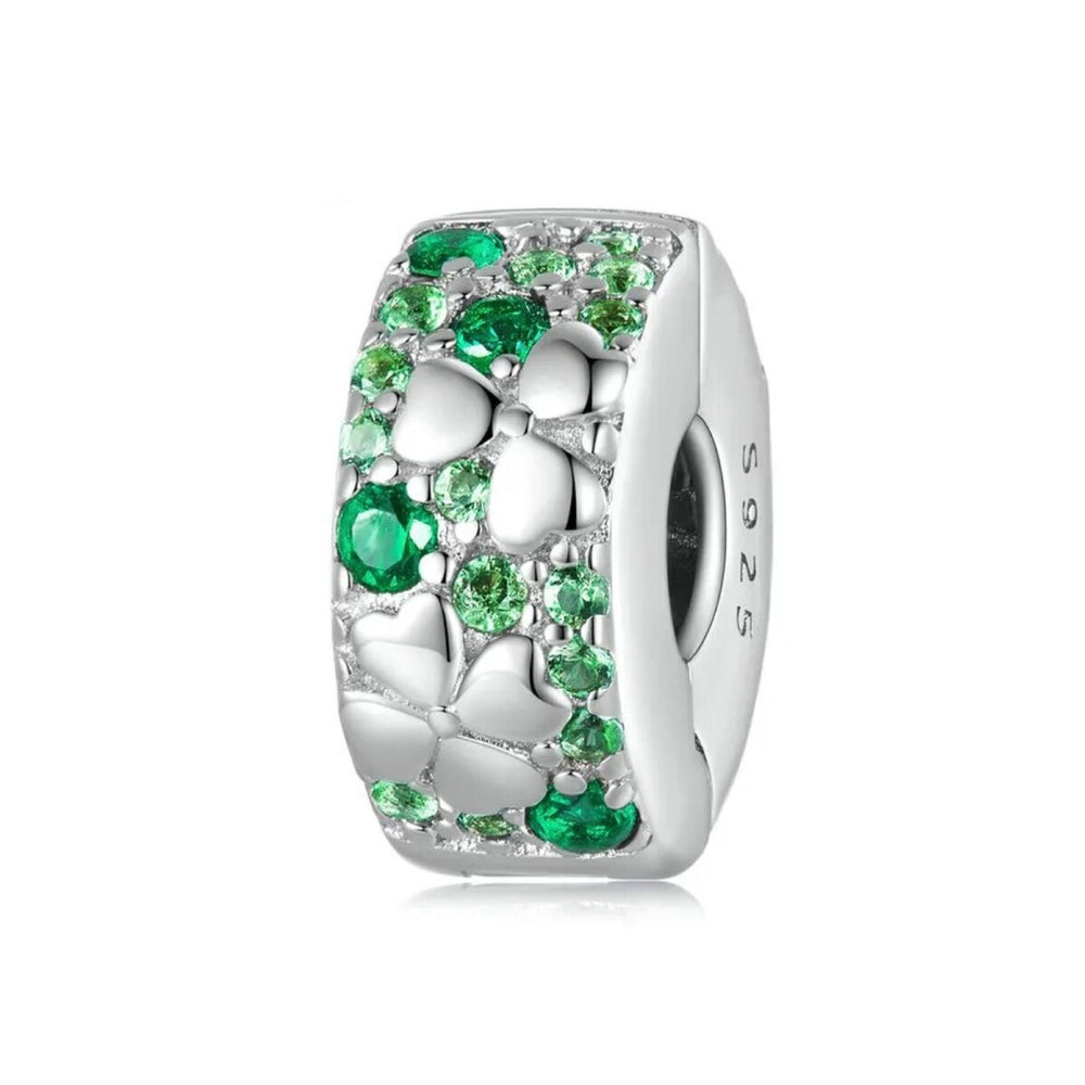 Sterling Silver & Emerald Green CZ Pave Clover Bracelet Charm