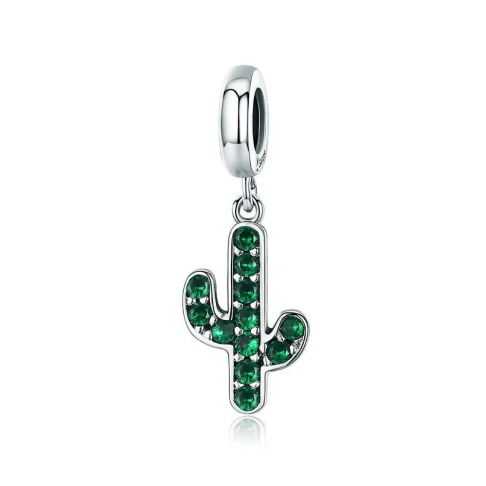 Sterling Silver & Green CZ Cactus Dangling Charm