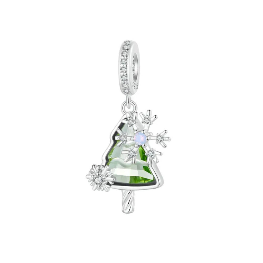 Sterling Silver & Green CZ Christmas Tree with Snowflakes Dangling Charm