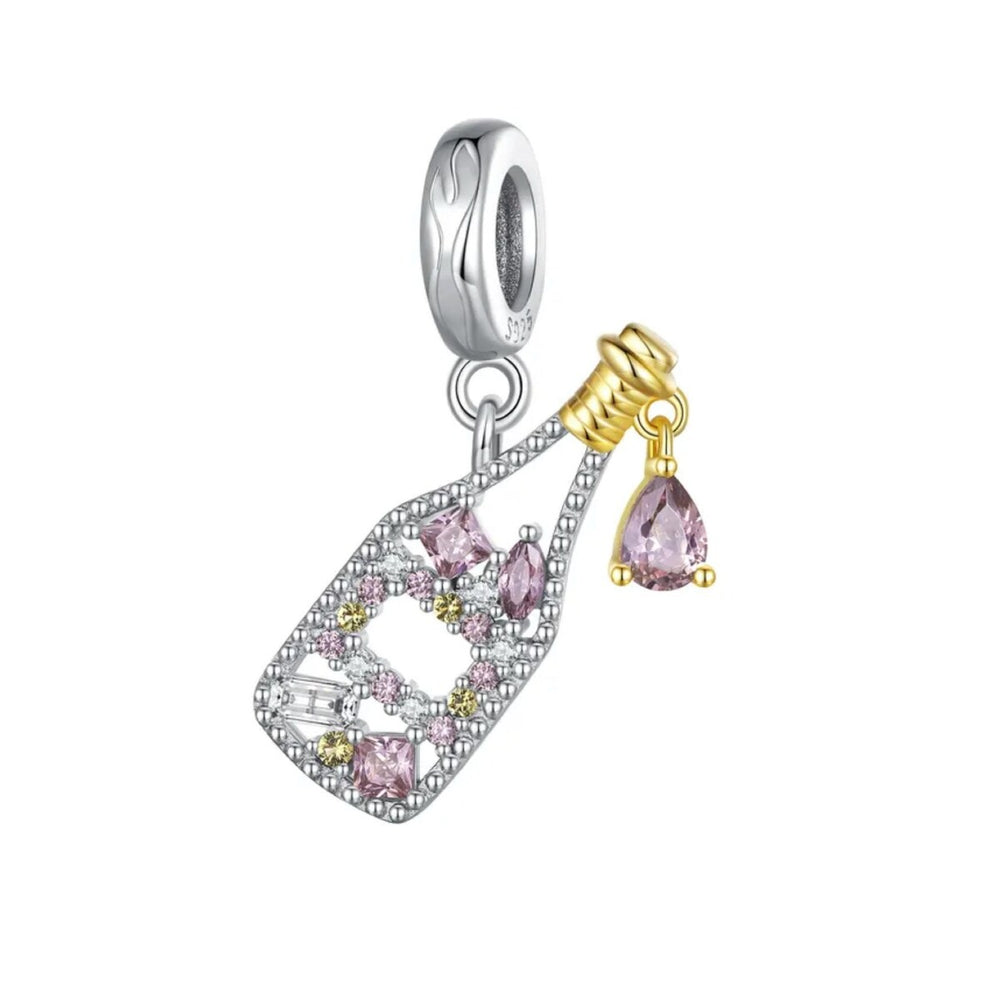 Sterling Silver & Mauve CZ Champagne Bottle Dangling Charm