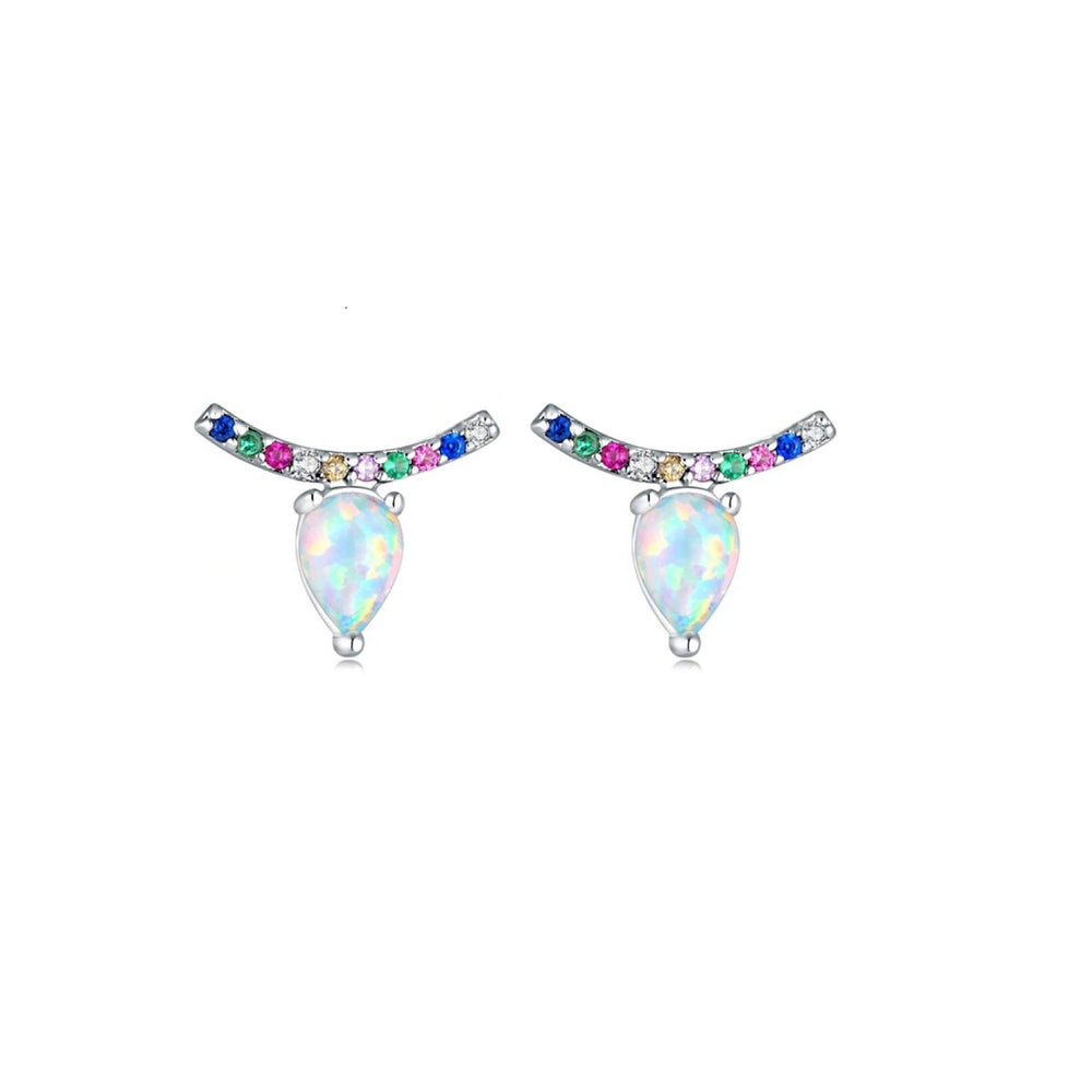 Sterling Silver & Multi-Color Cubic Zirconia Curved Bar stud Earrings with White Lab-Created Opal Teardrop