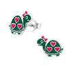 Sterling Silver & Pink Heart Printed Green Tortoise Stud Earrings