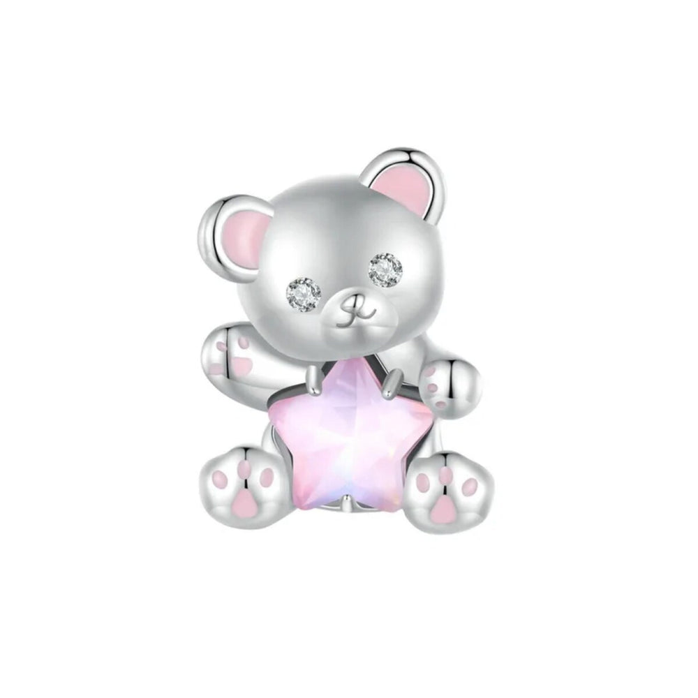 Sterling Silver & Pink Opal CZ Cute Bear Charm