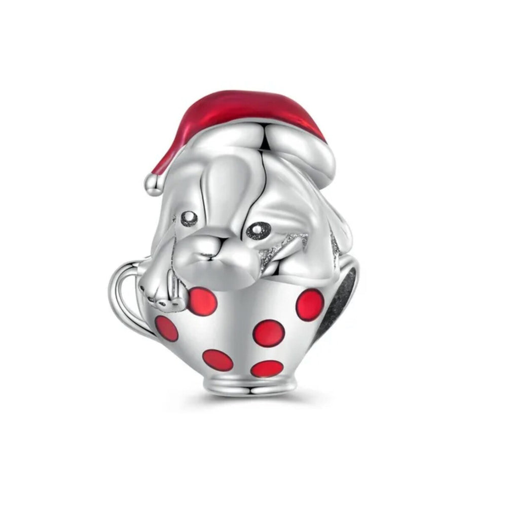 Sterling Silver & Red Puppy with Santa Hat in Tea Cup Charm