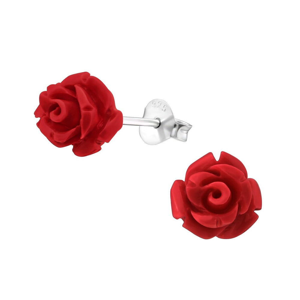 Sterling Silver & Red Resin Rose Stud Earrings