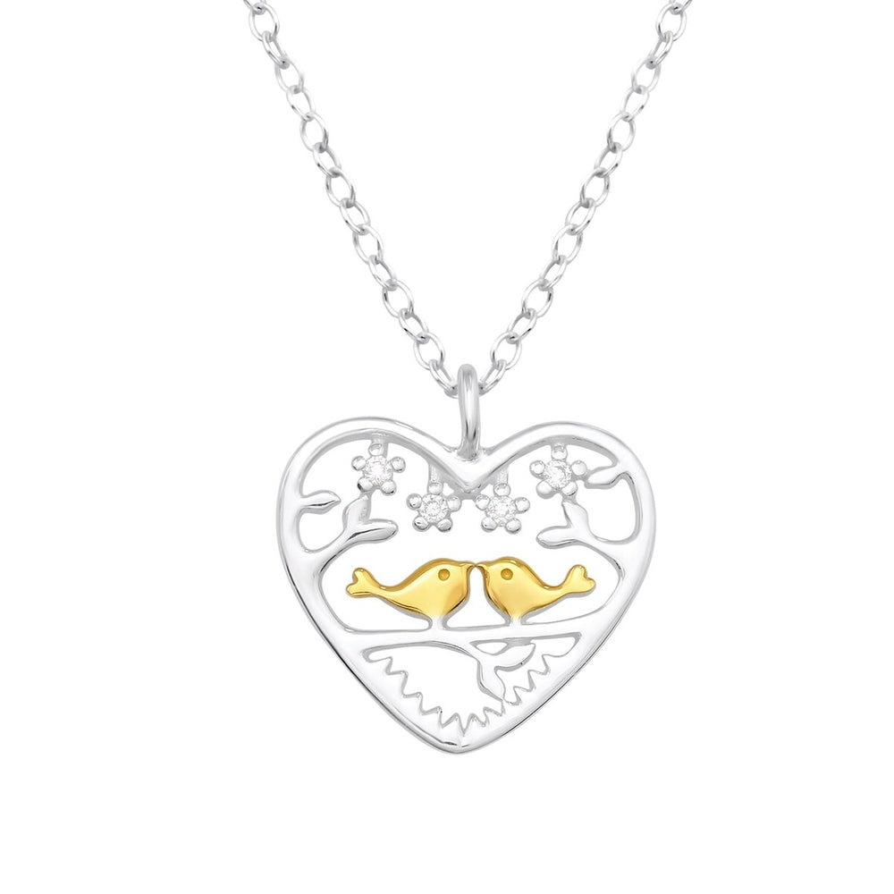 Sterling Silver and 18kt Gold Plated Love Bird Heart Pendant Necklace with CZ - White