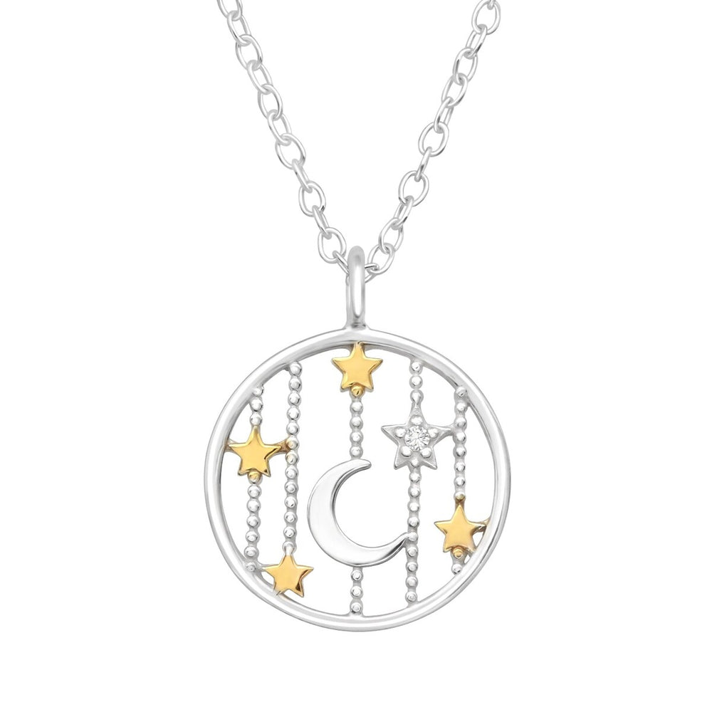 Sterling Silver and 18kt Gold Plated Star and Moon Pendant Necklace - White