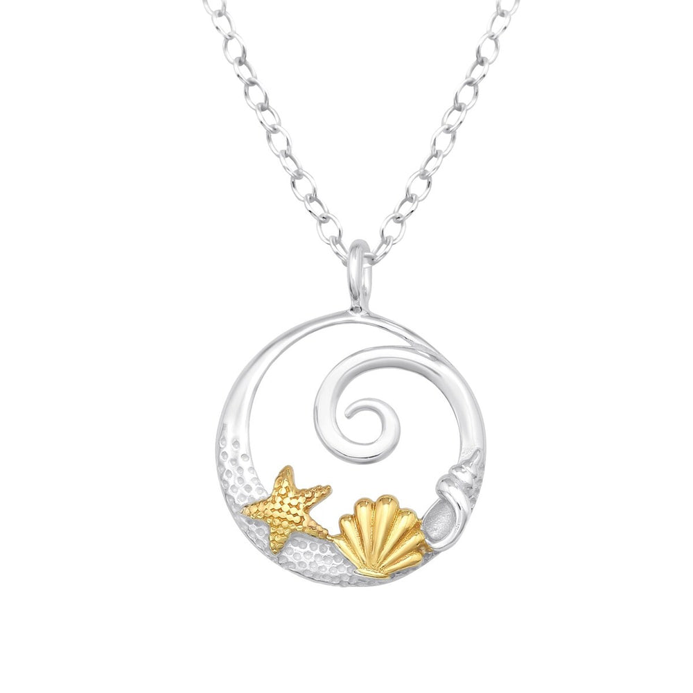 Sterling Silver and 18kt Gold Plated Wave, Shell, and Starfish Pendant Necklace - White