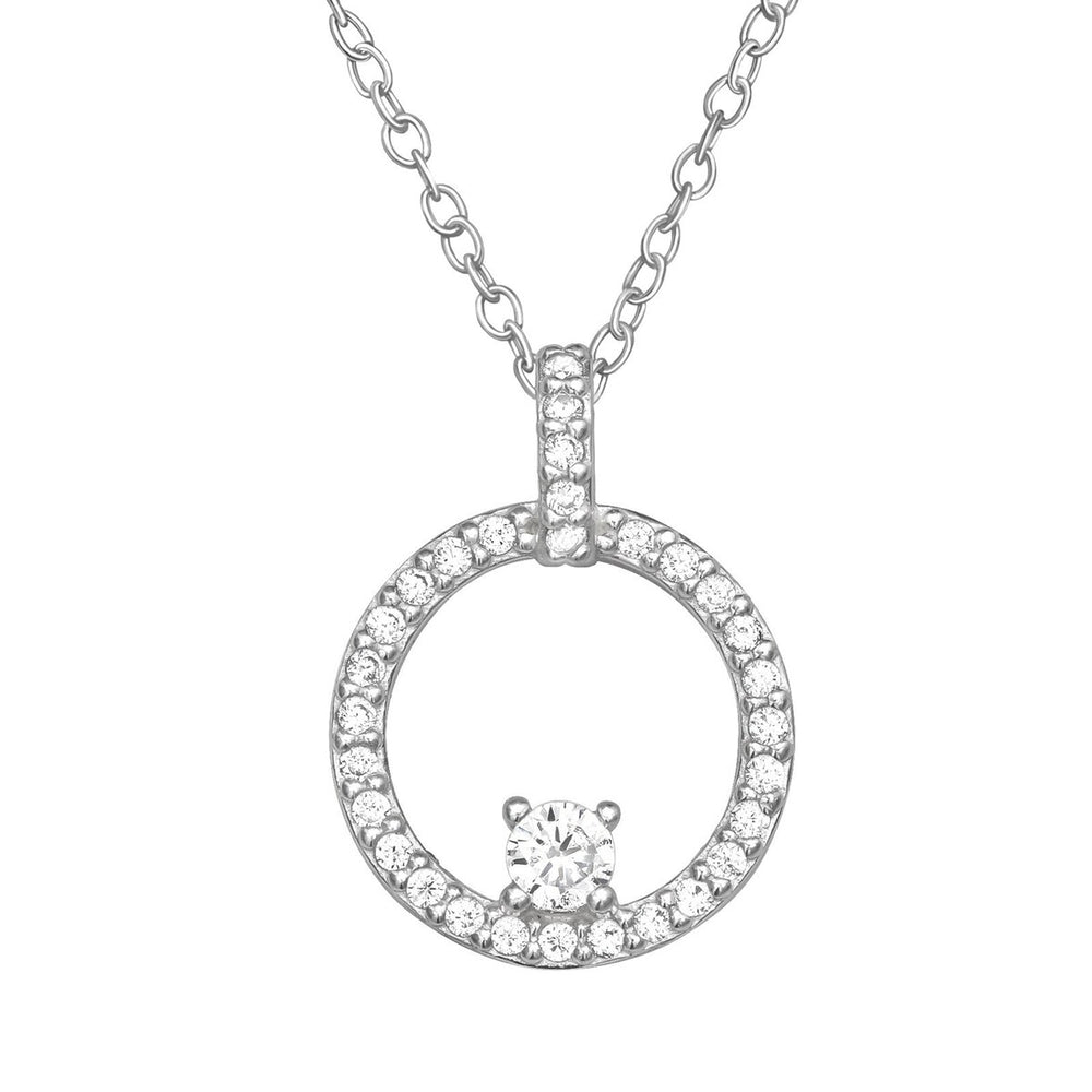 Sterling Silver and Platinum Plated Circle Pave Pendant Necklace - White