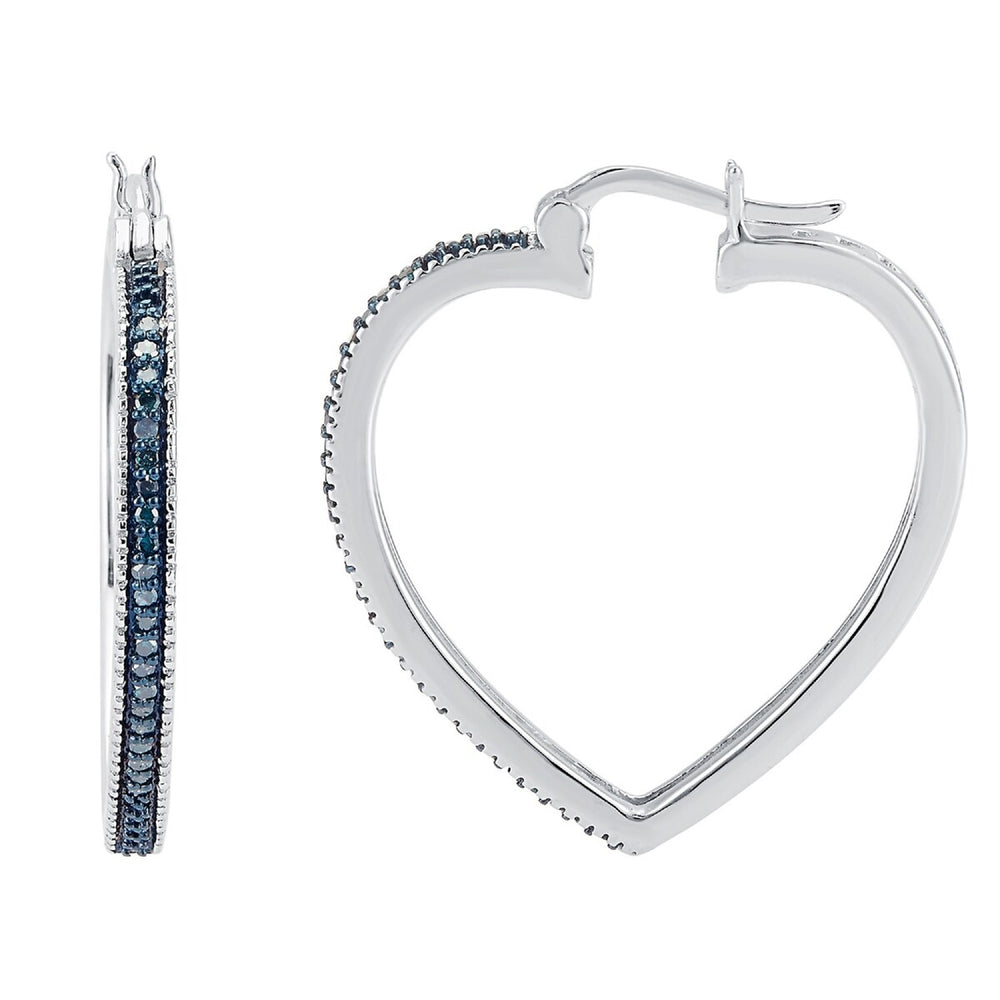 Sterling Silver with Genuine Blue Diamond Heart Shape Hoop Earrings for Women