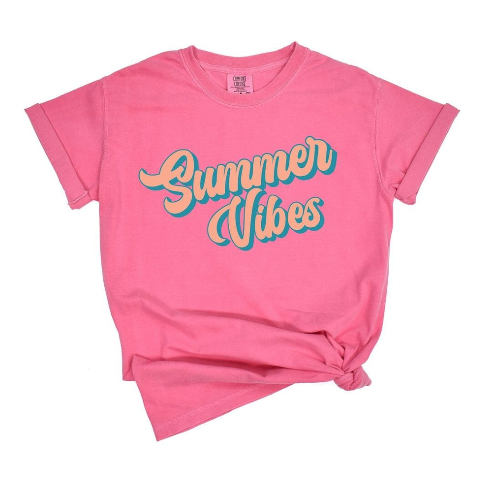 Summer Vibes Colorful Cursive Garment Dyed Tee