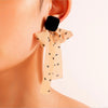 Tan Black Dotted Tied Bow Statement Earrings