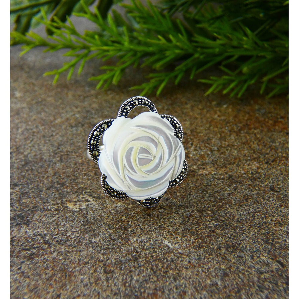 Tang & Song Mother of Pearl Carved Rose Flower and Marcasite Ring