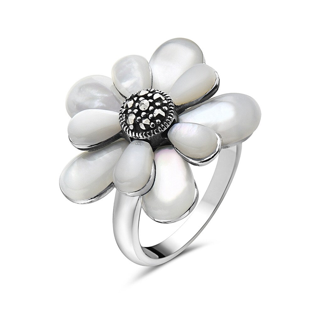 Tang & Song Mother of Pearl Daisy Flower Marcasite Ring