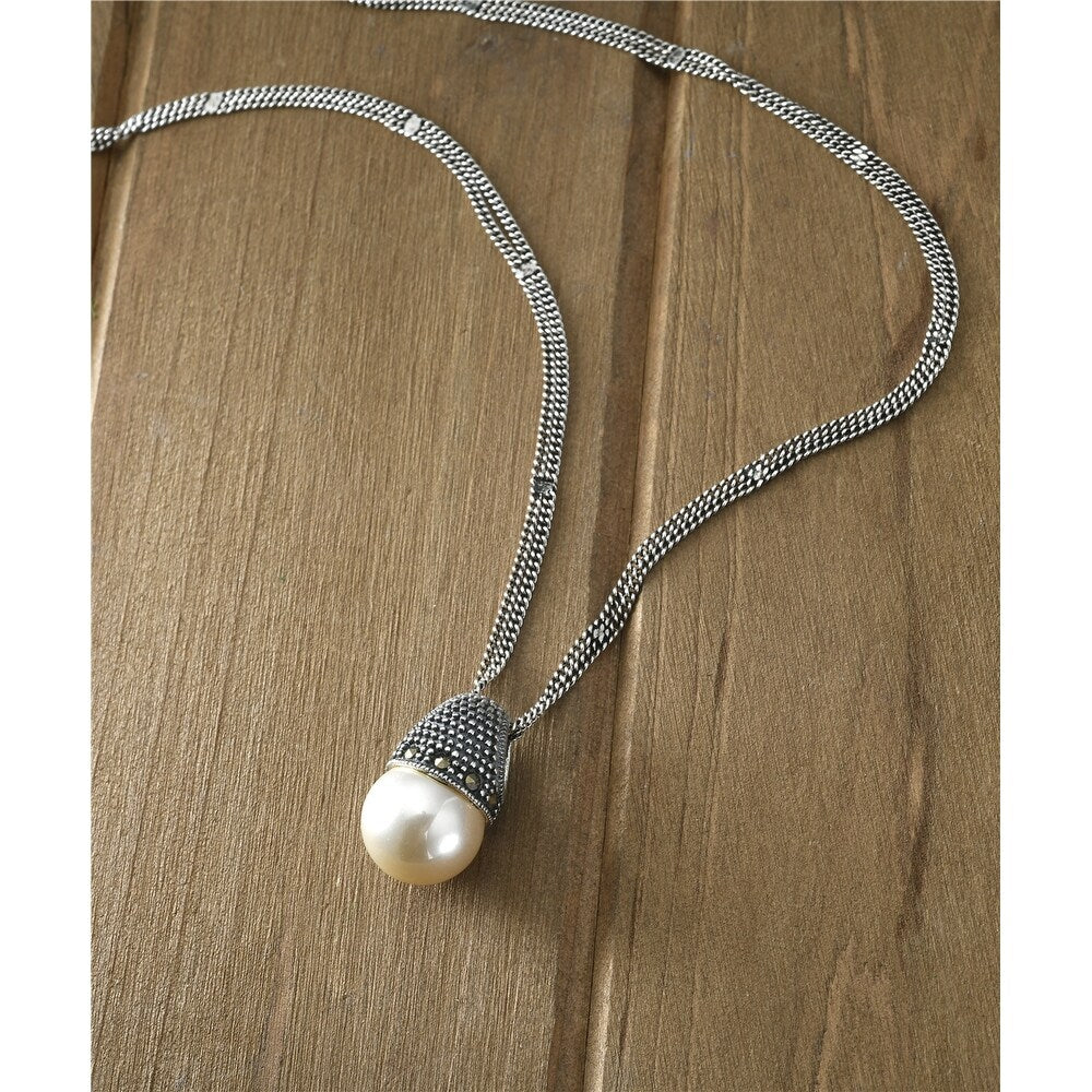 Tang & Song Sterling Silver Basket Shape Drop of White Faux Pearl and Marcasite Charm Necklace