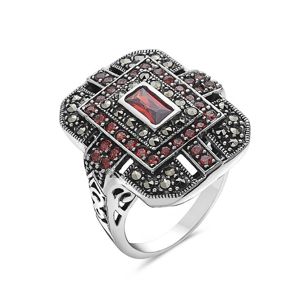 Tang & Song Sterling Silver Ring Art Deco Red CZ and Marcasite Stones