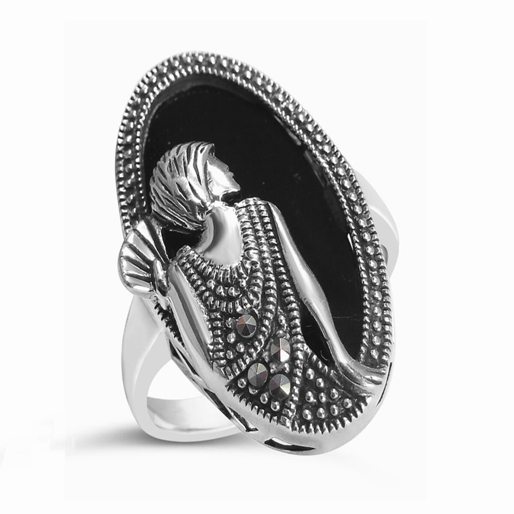 Tang & Song Sterling Silver and Marcasite Lady In the Mirror Oval Black Onyx Ring