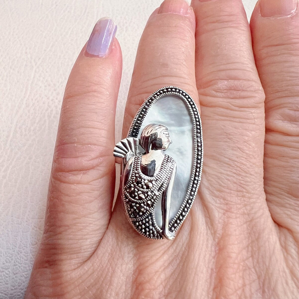 Tang & Song Sterling Silver and Marcasite Lady In the Mirror Oval Mother of Pearl Ring