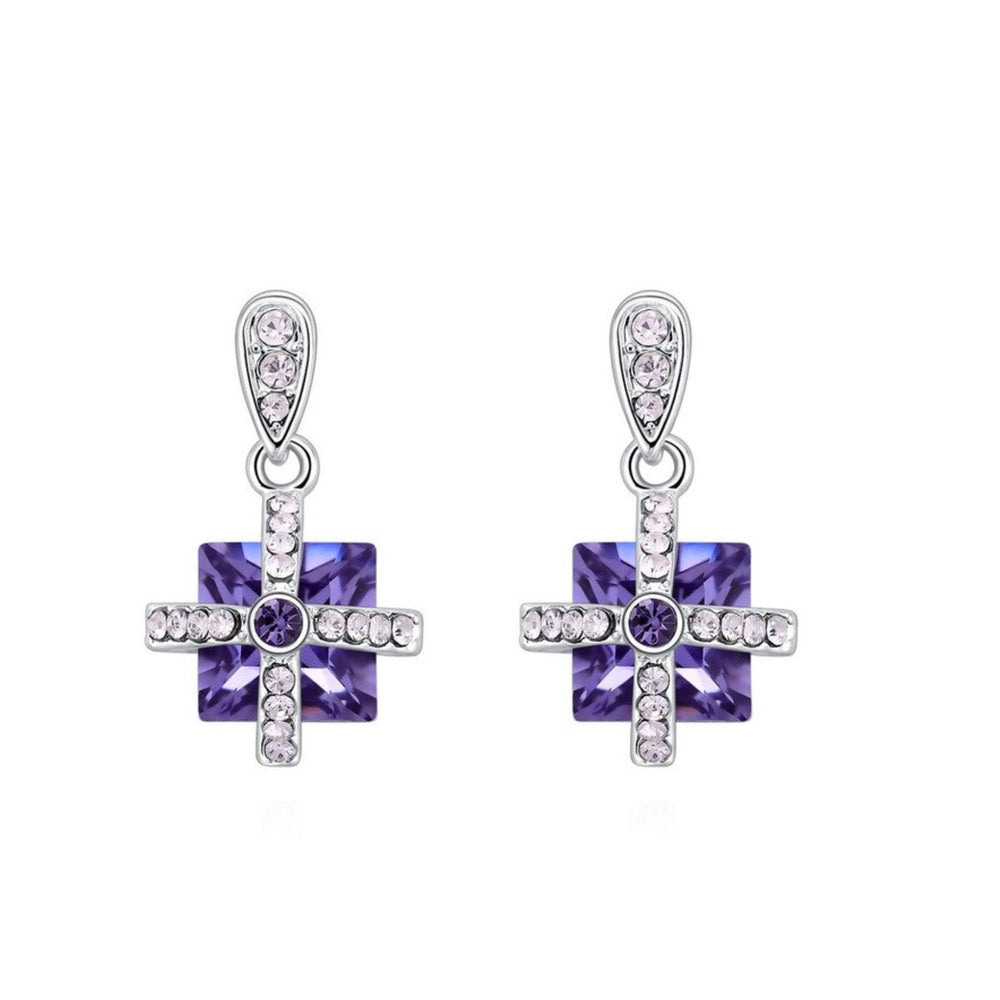 Tanzanite Square Crystal Cross Swarovski Crystal Drop Earrings