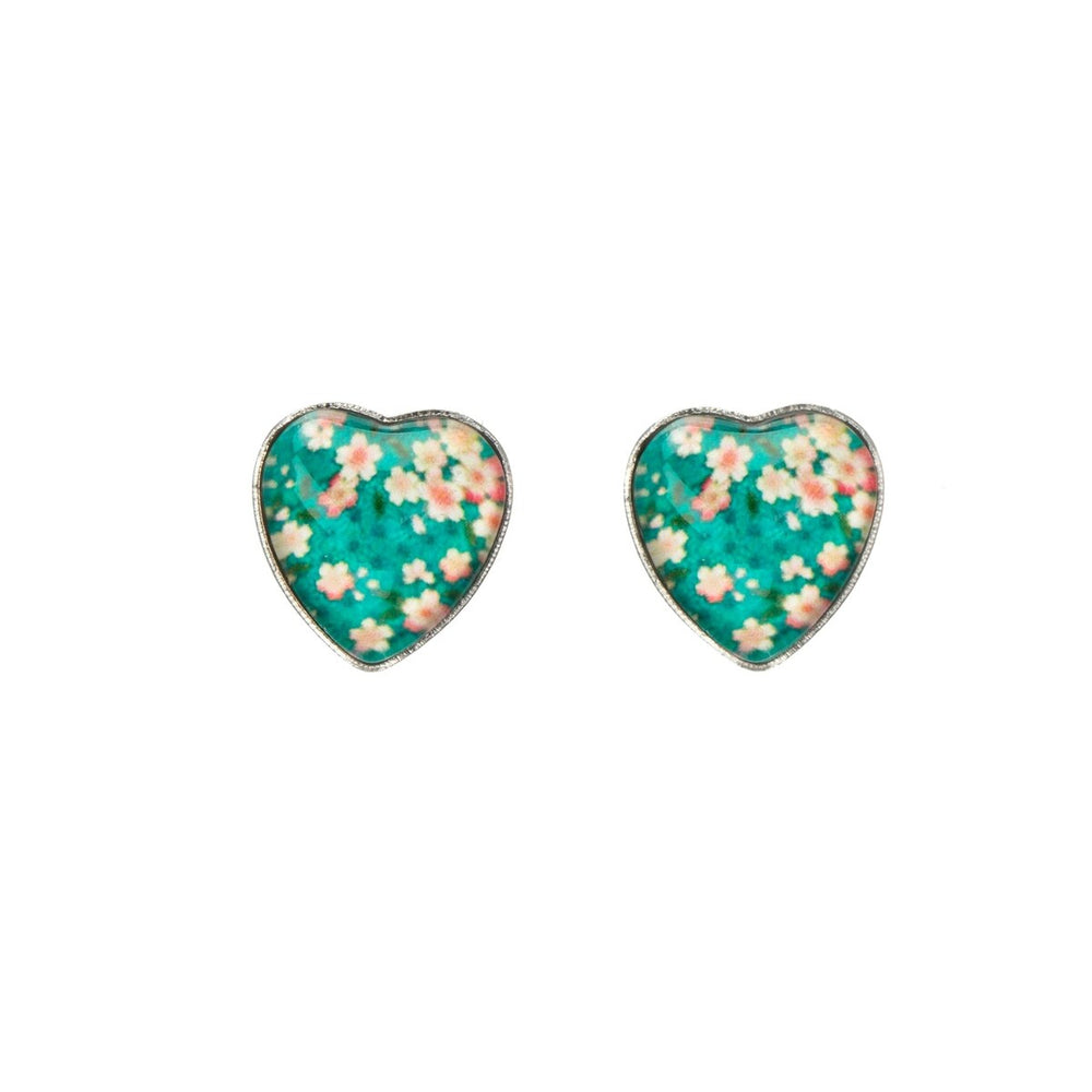 Teal Cherry Blossom Heart Stud Earrings