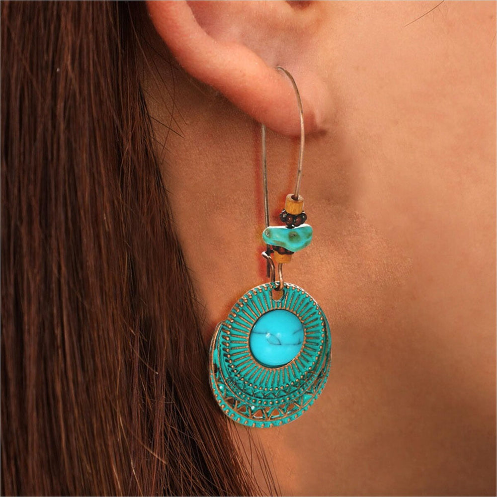 Teal Circular Boho Wooden Bead Drop Earrings