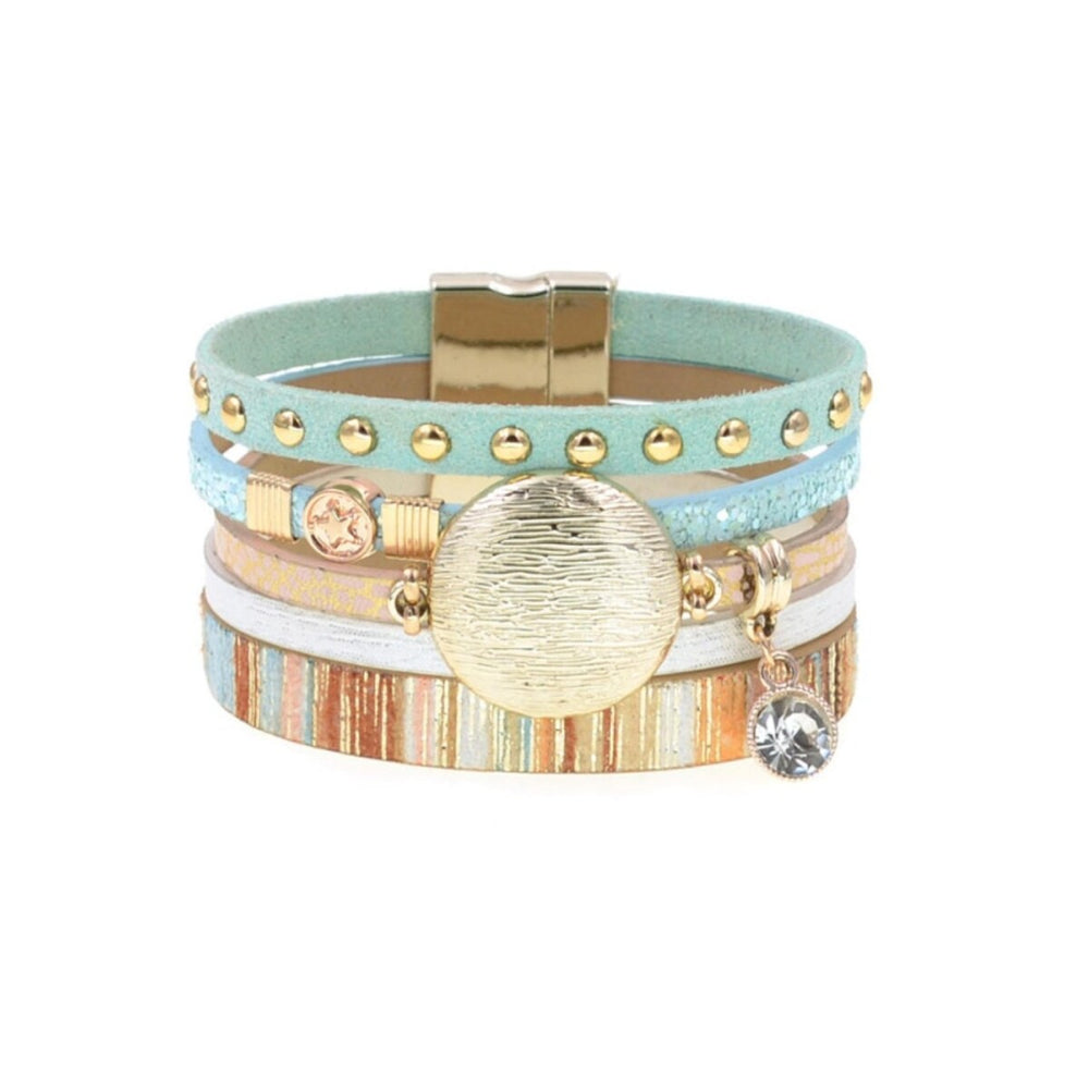 Teal Goldtone Faux Leather Multi-strand Bracelet