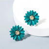 Teal Goldtone Flower Stud Earrings