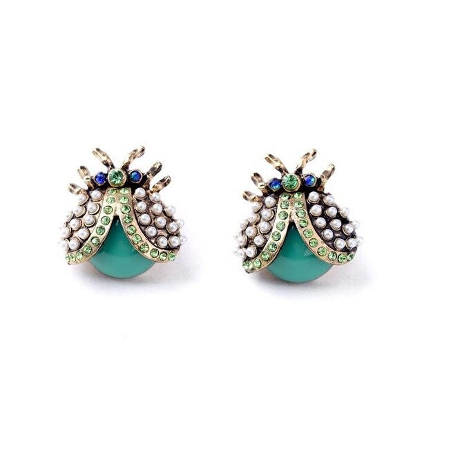 Teal Goldtone Little Bug Stud Earrings