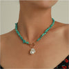 Teal Imitation Pearl Chip Bead Toggle Pendant Necklace - White