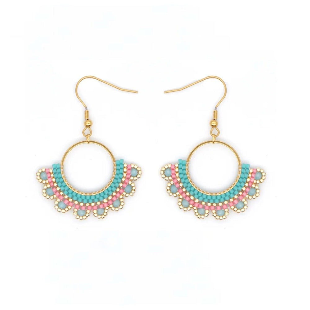 Teal & Pink Beaded Boho Circular Drop Earrings