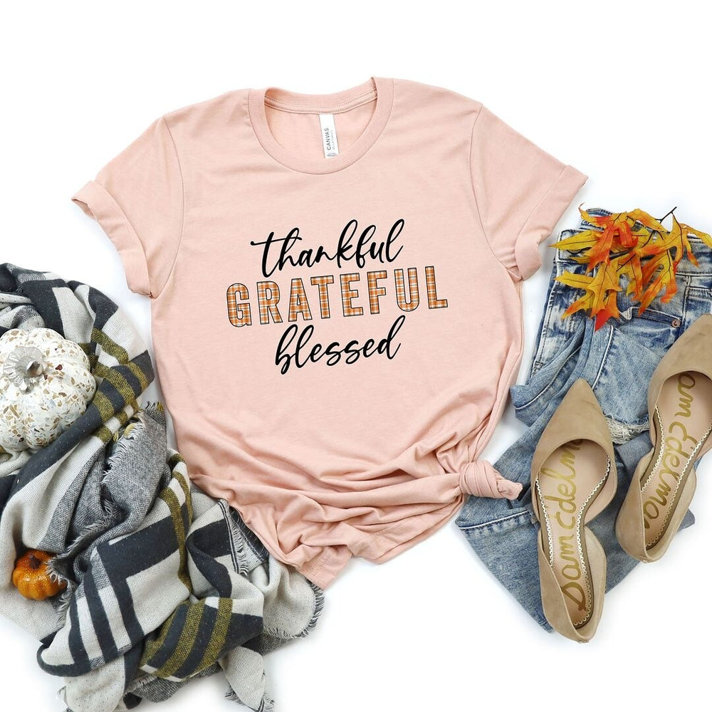 Thankful Grateful Blessed Plaid Short Sleeve Crewnneck Tee