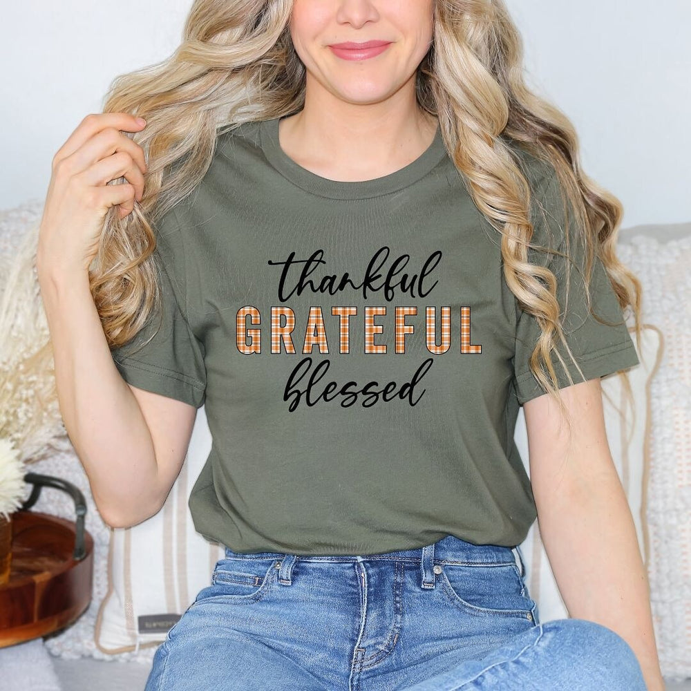 Thankful Grateful Blessed Plaid Short Sleeve Crewnneck Tee