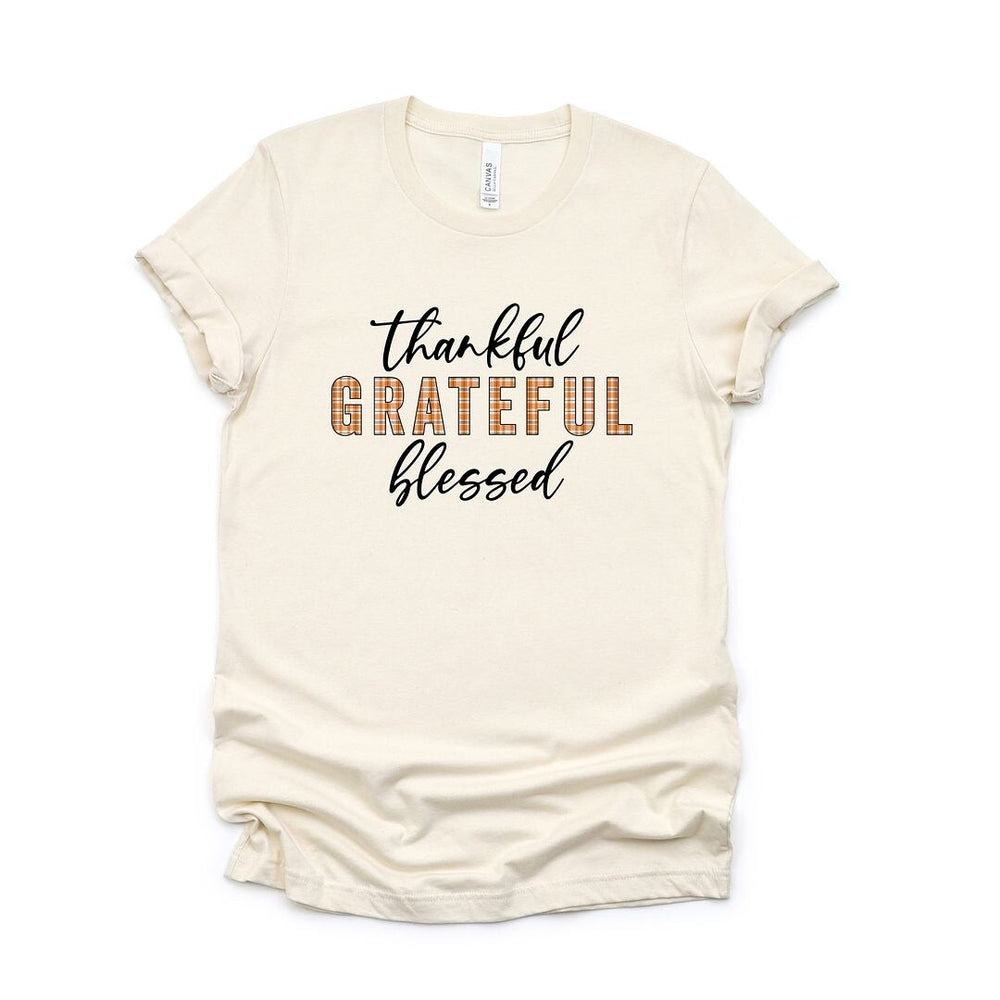 Thankful Grateful Blessed Plaid Short Sleeve Crewnneck Tee