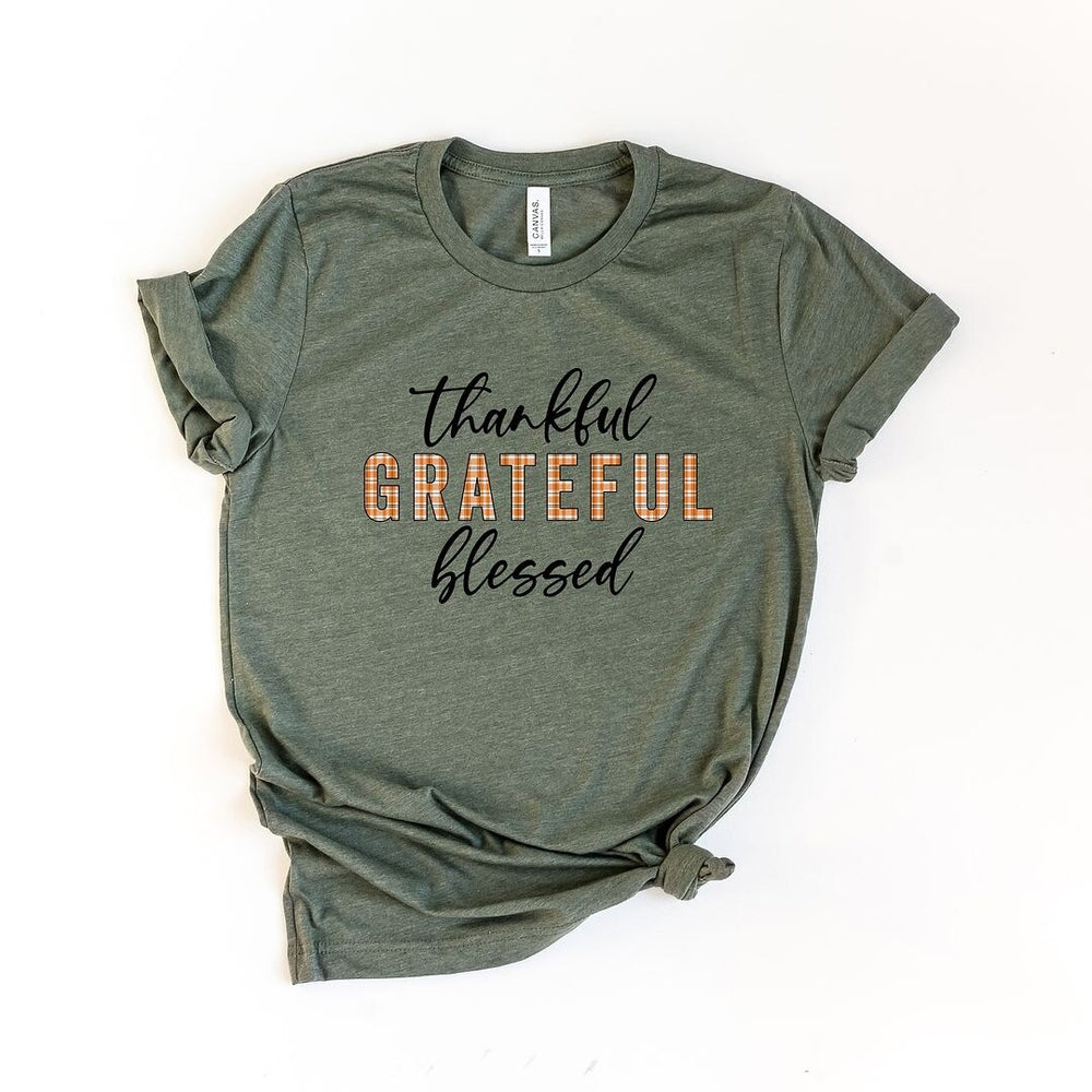 Thankful Grateful Blessed Plaid Short Sleeve Crewnneck Tee