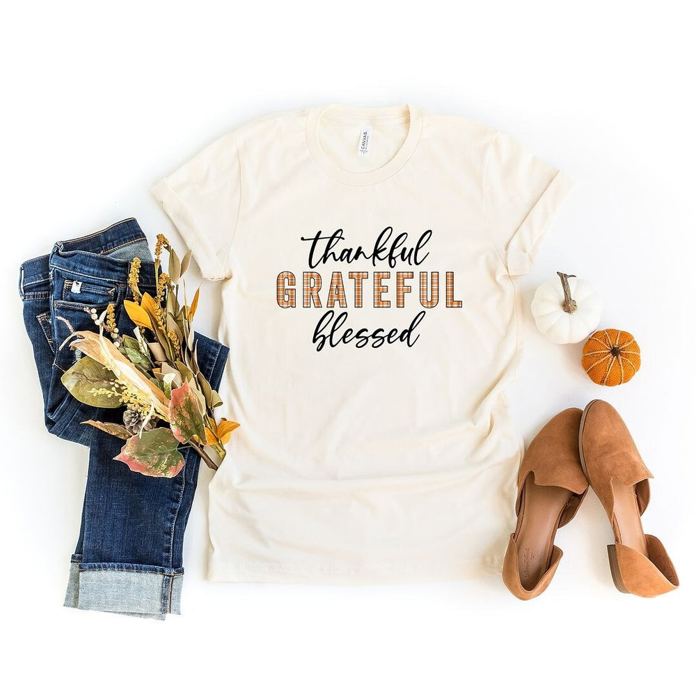 Thankful Grateful Blessed Plaid Short Sleeve Crewnneck Tee