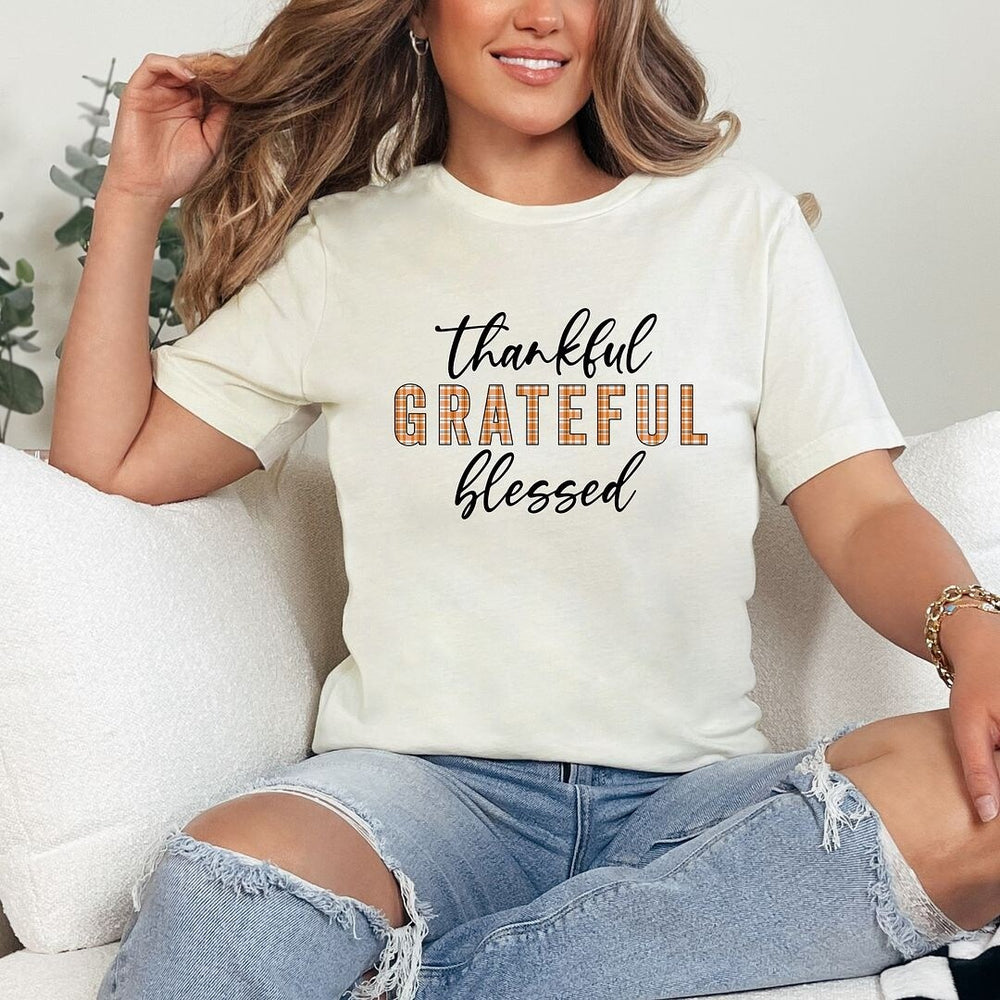 Thankful Grateful Blessed Plaid Short Sleeve Crewnneck Tee