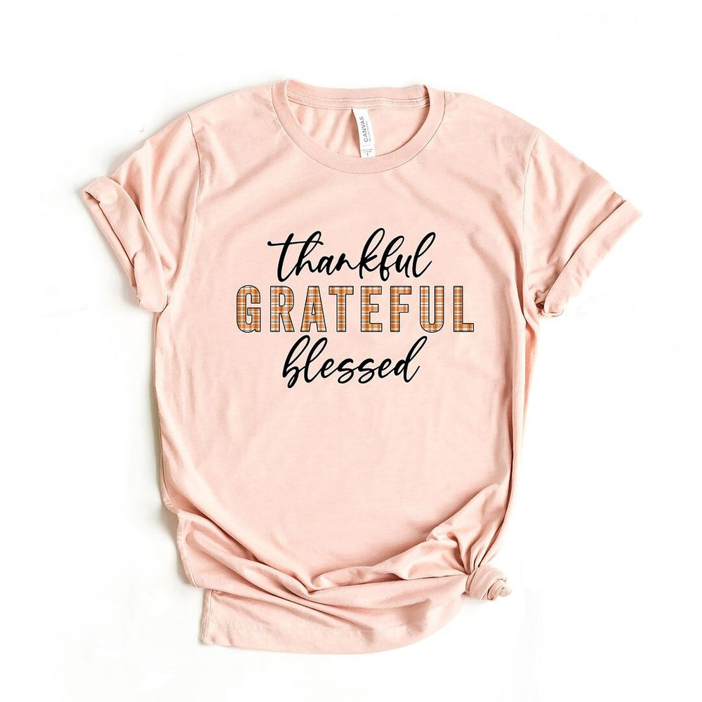 Thankful Grateful Blessed Plaid Short Sleeve Crewnneck Tee