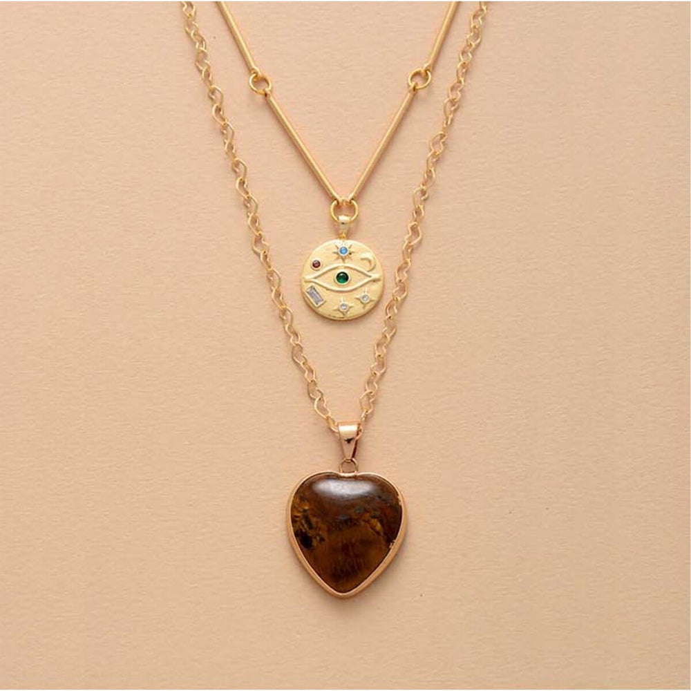 Tiger Eye & Goldtone Heart Layered Pendant Necklace - White