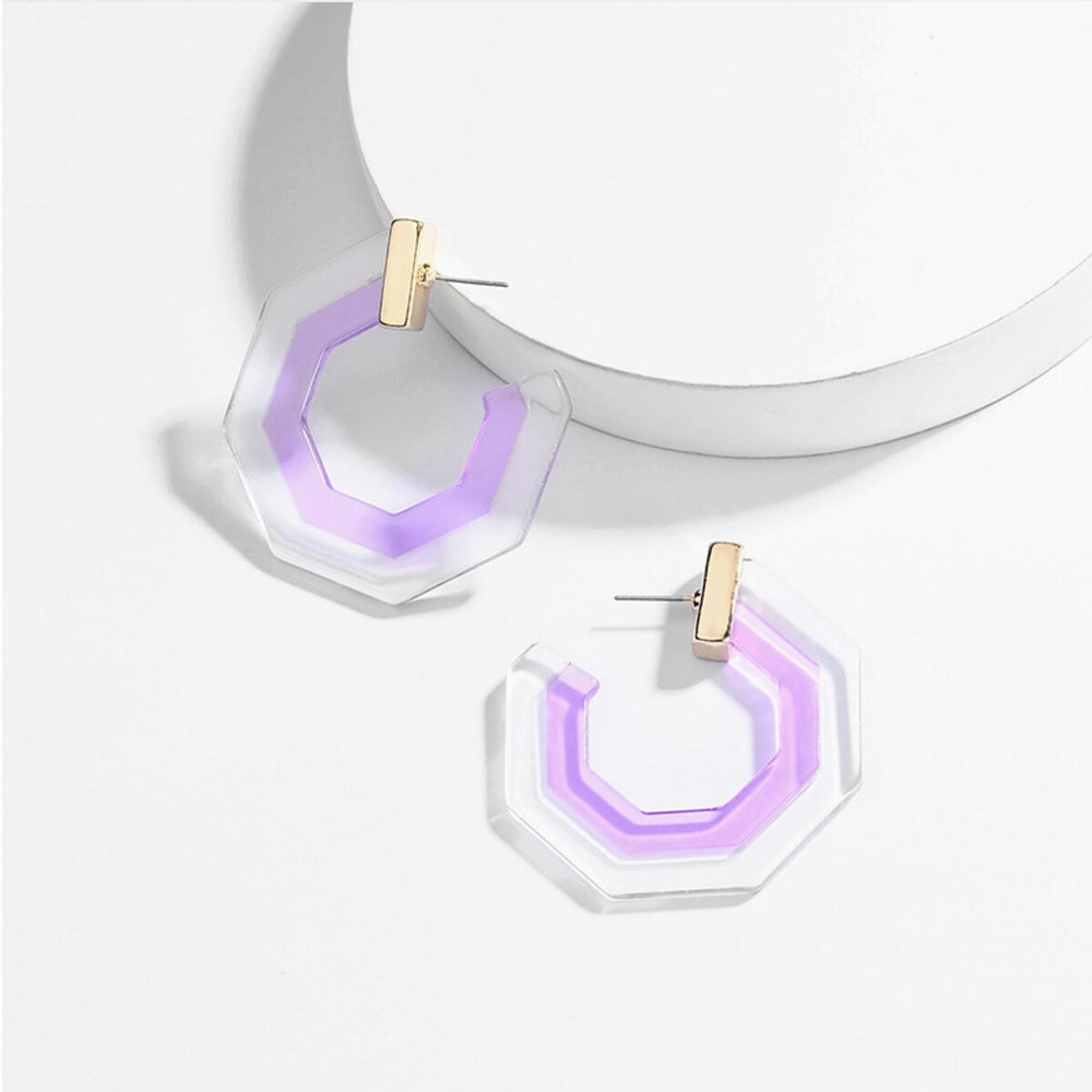 Transparent Purple Hexagon Hoop Earrings