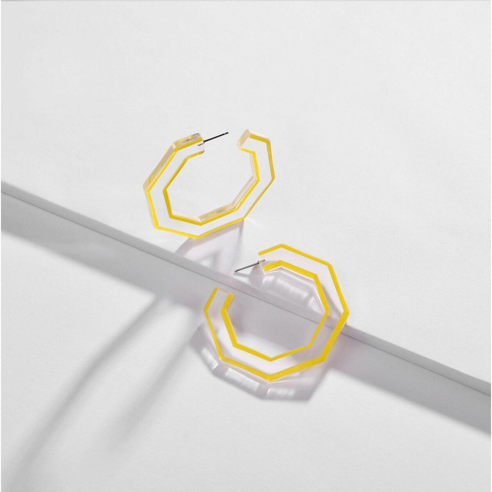 Transparent Yellow Hexagonal Hoop Earrings