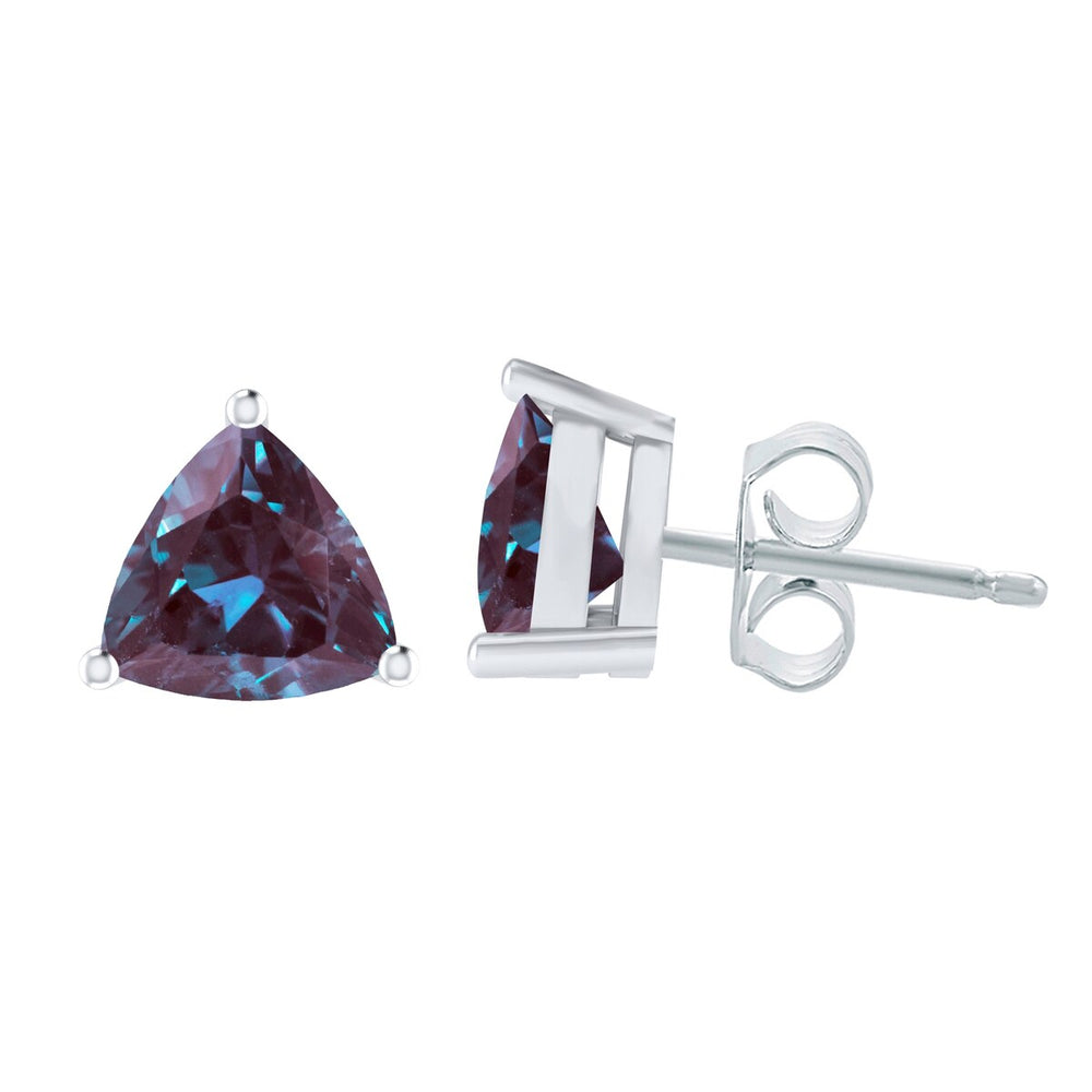 Trillion Cut Alexandrite Stud Earrings Color Changing Stone June Birthstone in Sterling Silver