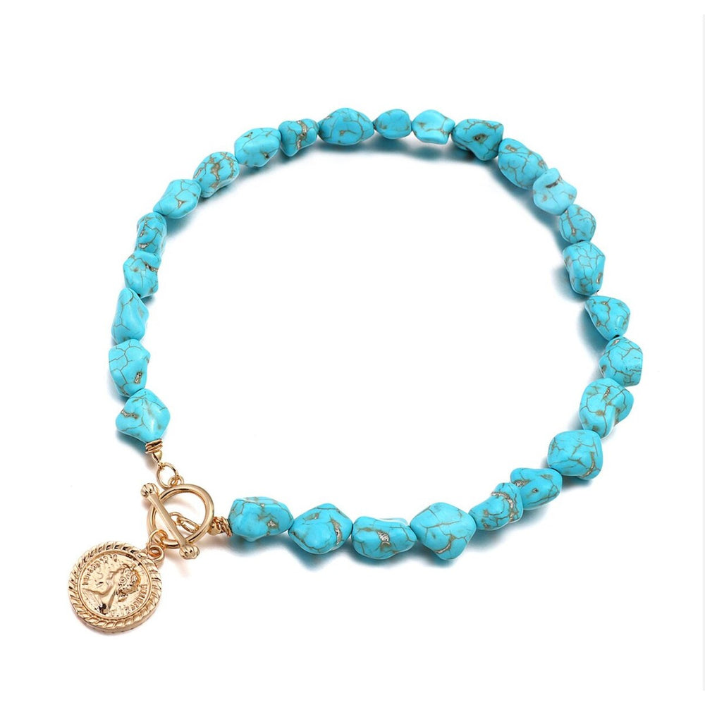 Turquoise Beaded Necklace With Goldtone Medallion - White