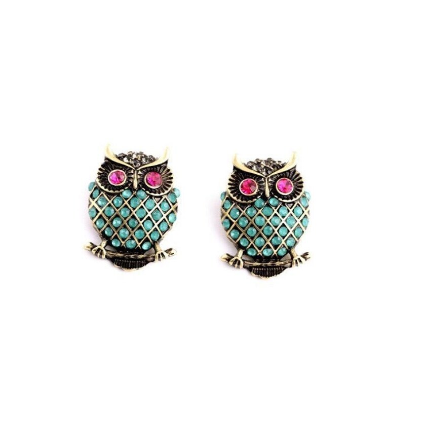 Turquoise Crystal Pink Owl Stud Earrings