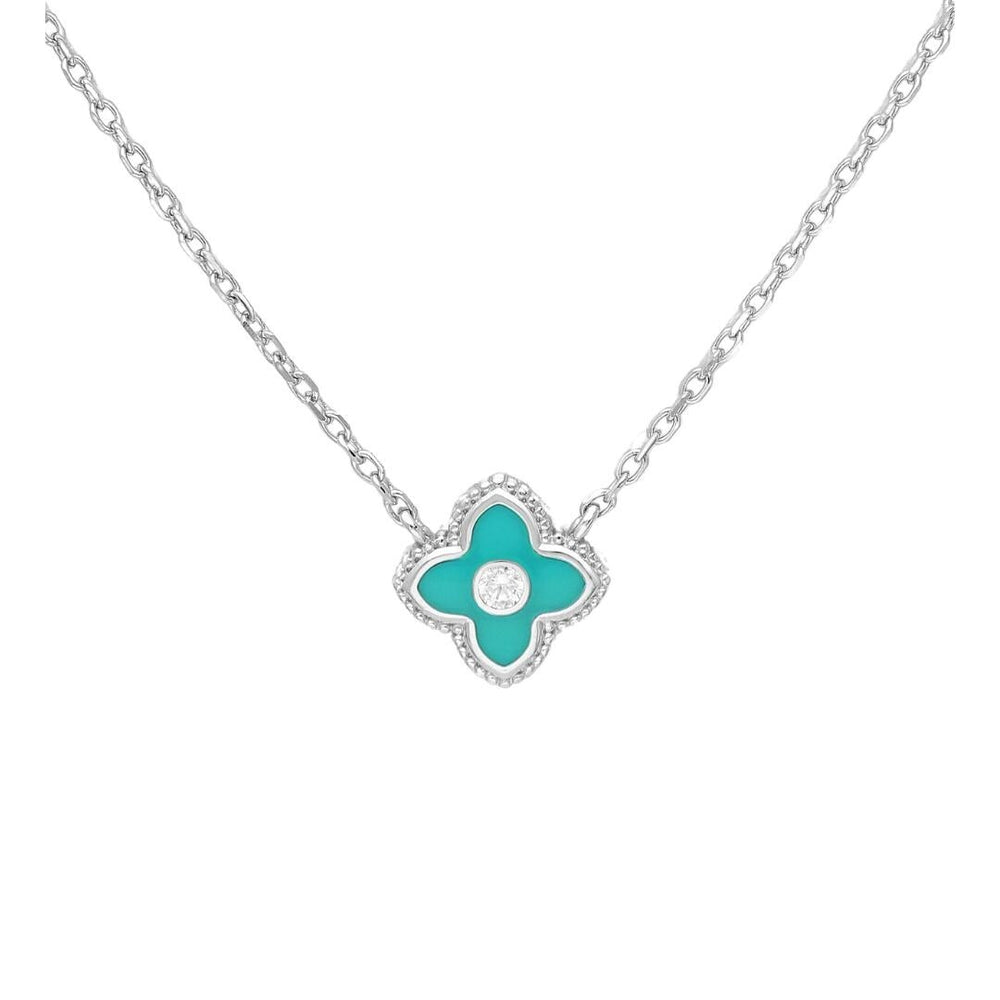 Turquoise Enamel Flower Charm Necklace - Ag Sterling - White