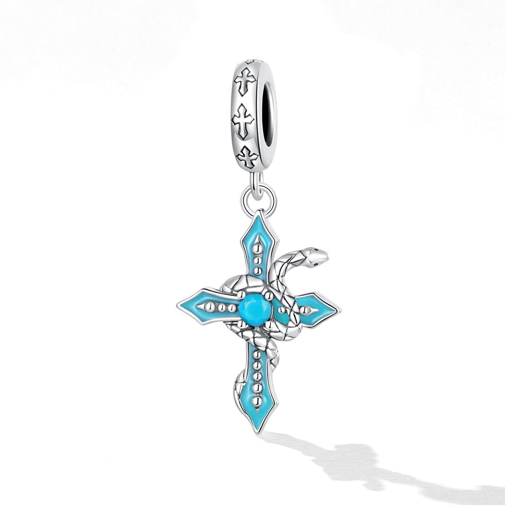 Turquoise Enamel & Sterling Silver Snake Cross Charm