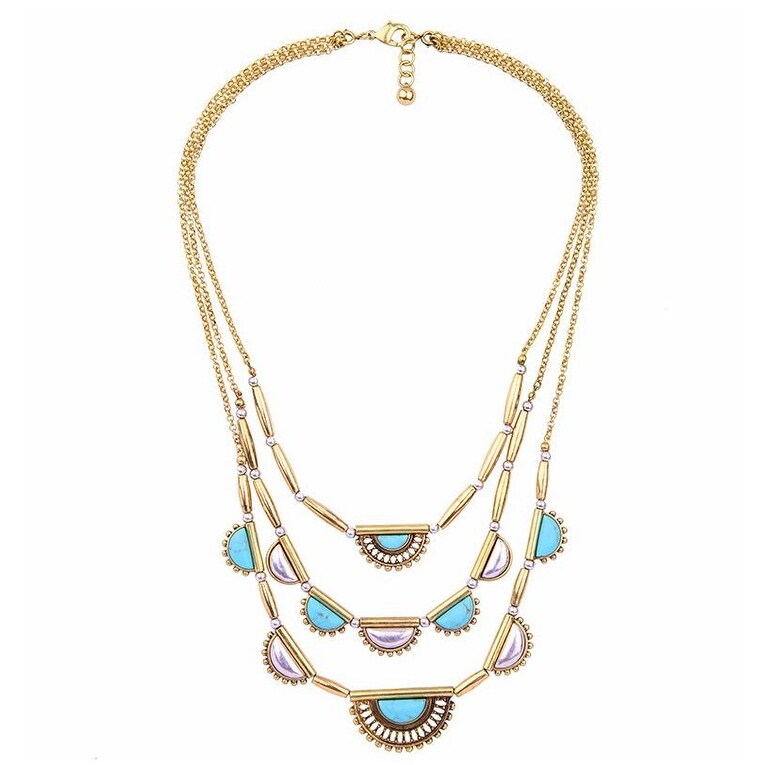 Turquoise Goldtone Fanned Layered Necklace - White