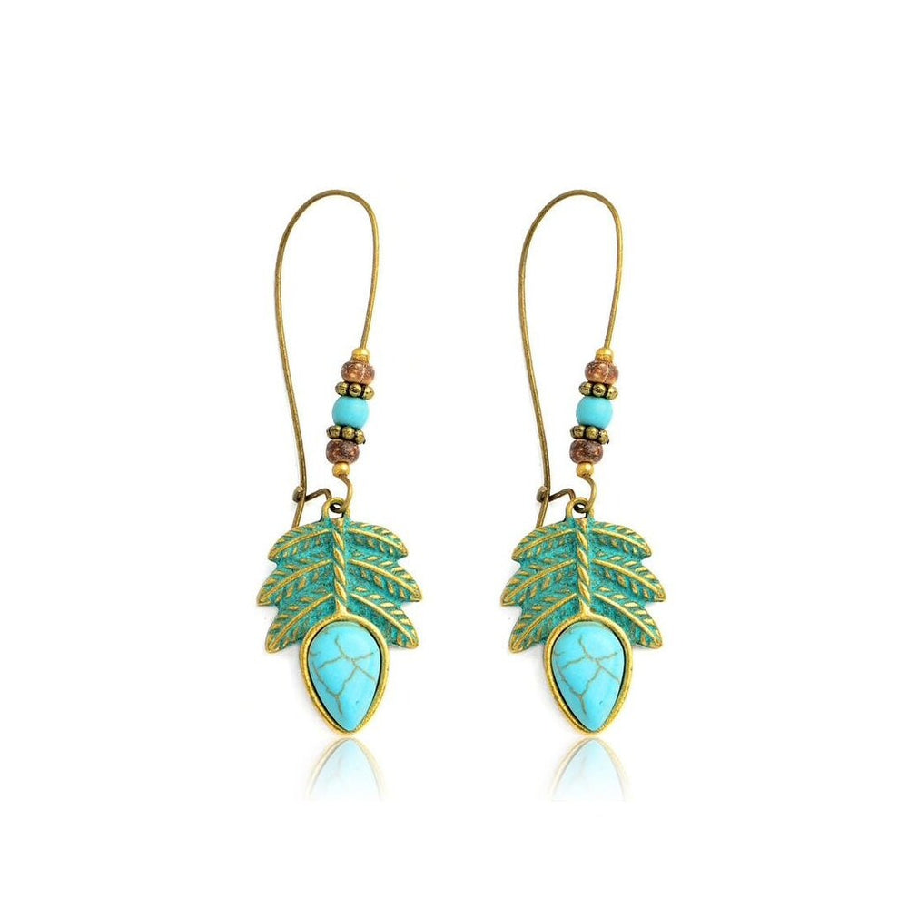 Turquoise Leaf Wood Bead Drop Earrings