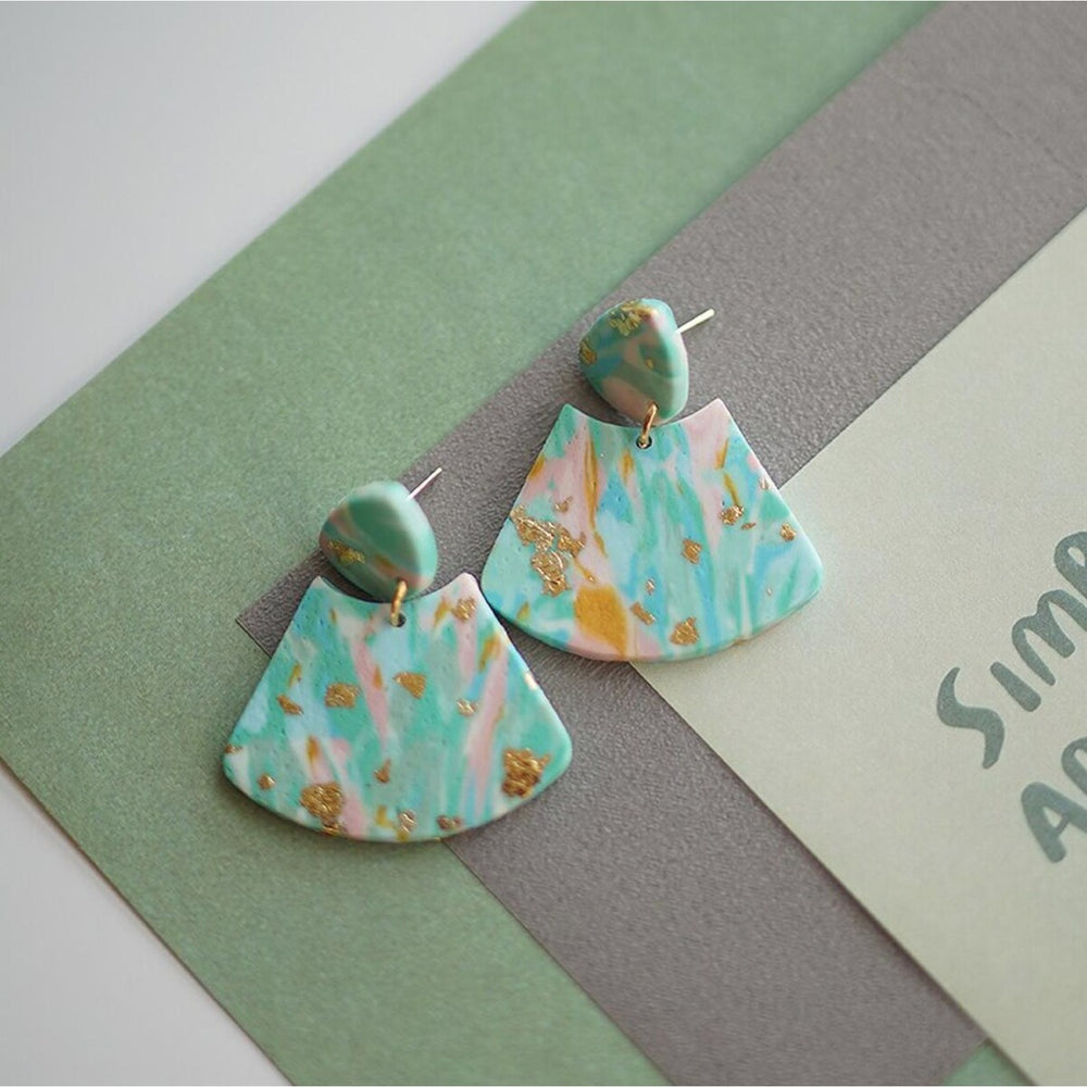 Turquoise & Goldtone Foil Fan Drop Earrings