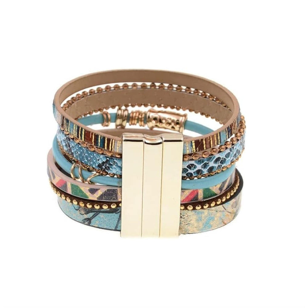 Turquoise & Goldtone Multi-Patterned Faux Leather Bracelet with Tassel